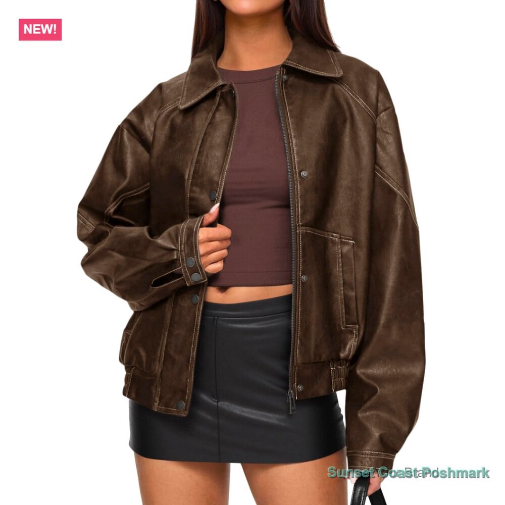 Faux Leather Jacket Women Bomber Motorcycle Zip Up Oversized Winter Coat - Picture 1 of 7